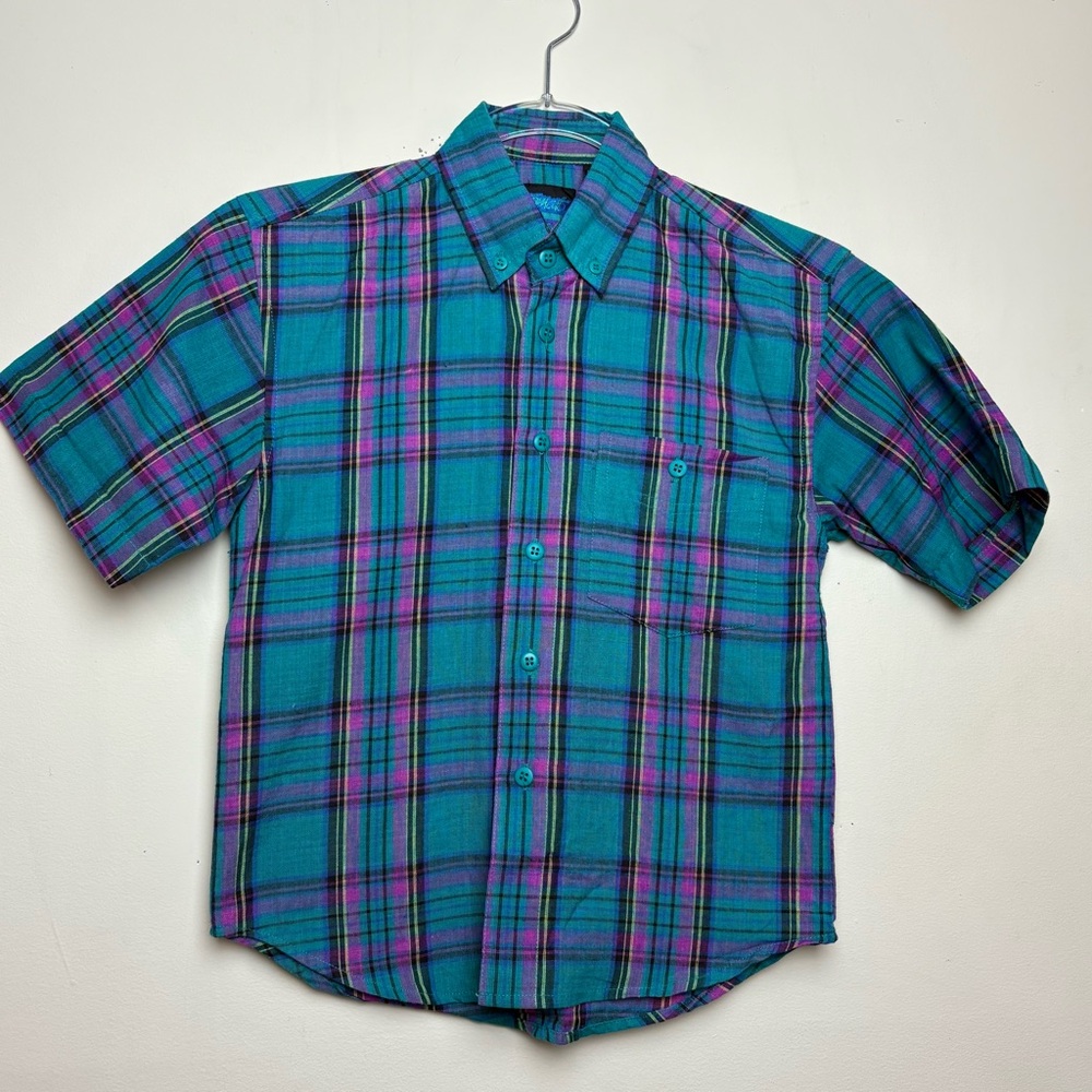 Vintage 80's Boys Red Button Down Shirt with Dino Truck Surf Graphic